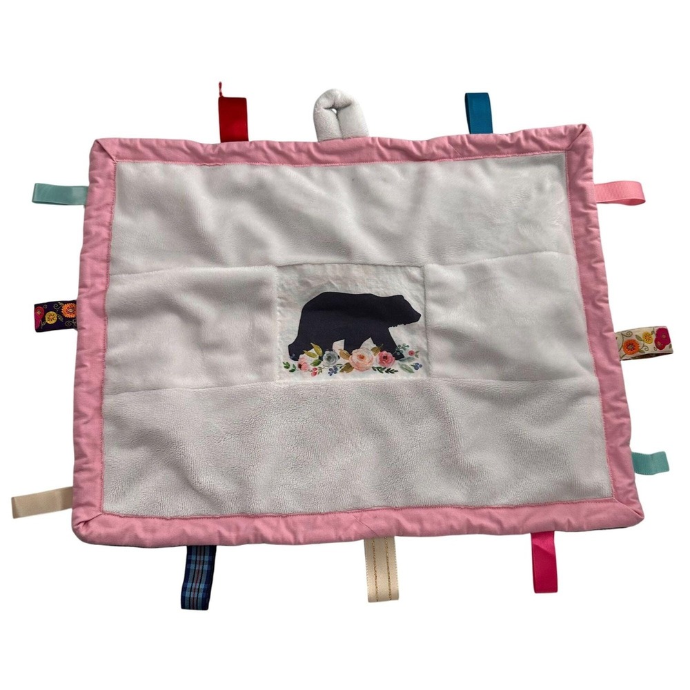 Bear Silhouette Baby Lovey Blanket Flower Design 17"x14"‎ Soft Plush Ribbon Tag